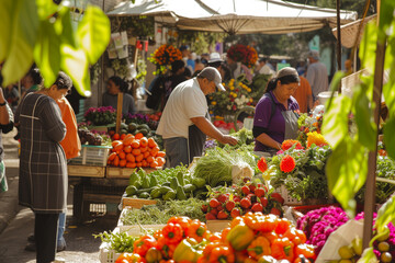 A vibrant farmers' market with stalls full of fresh produce, flowers, and artisanal goods, with people interacting and making purchases  - obrazy, fototapety, plakaty