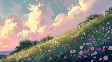 Beautiful anime-style illustration of a grassy hillside full of wildflowers - obrazy, fototapety, plakaty