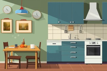 A picture of a kitchen with a table and a stove. Can be used to showcase a modern kitchen or for home improvement projects