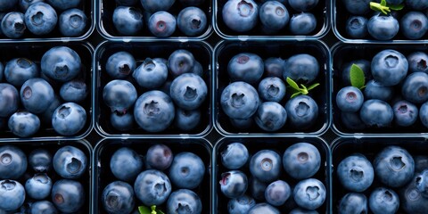 Top View of Packs of Fresh Blueberries in Plastic Containers. Generative AI