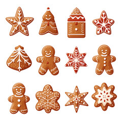 Fototapeta na wymiar Christmas gingerbread xmas cookie flat icon set on white background, no text, Ai generated image