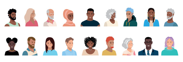 Portraits of happy men and women of different ages and races. Diversity of images and expressions of older and younger people. Vector set of character faces in flat style on a white background.