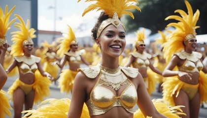 A dazzling woman in a yellow Brazillian carnival costume, flaunting gold feathers. She's all set to steal the spotlight!  - obrazy, fototapety, plakaty