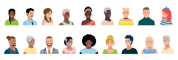 Portraits of happy men and women of different ages and races. Diversity of images and expressions of older and younger people. Vector set of character faces in flat style on a white background. - obrazy, fototapety, plakaty