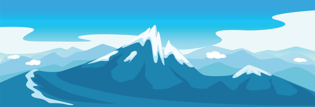 Abstract mountain landscape with a snow-capped peak in the foreground and outlines of mountain peaks. Horizontal vector illustration in flat style.