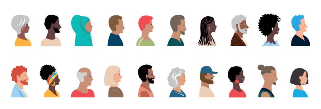 Happy men and women of different ages and races face profile view. Diversity of images and expressions of older and younger people. Vector set of character faces in flat style on a white background.