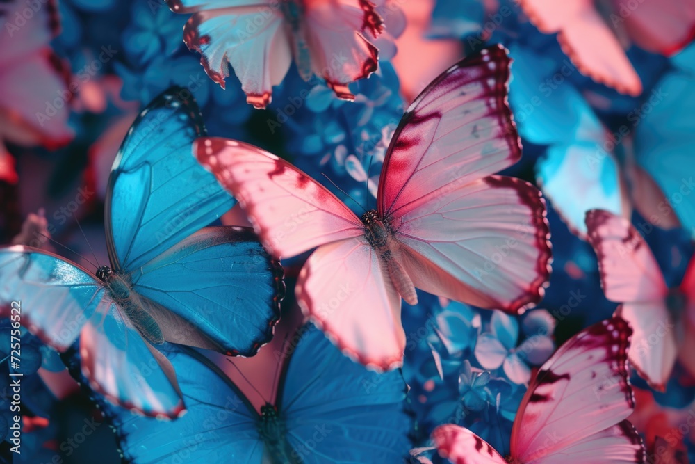 Poster a beautiful sight of a bunch of blue and pink butterflies gracefully flying in the air. perfect for 
