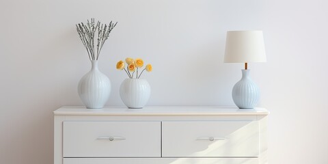 Vases and lamp on white chest near light wall.