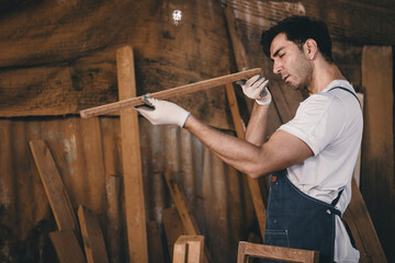 Carpenter man attend to making masterpiece woodworks handcrafted fine detail make wooden furniture...