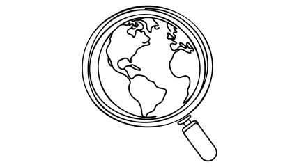 Continuous line drawing of world planet with looking glass search icon