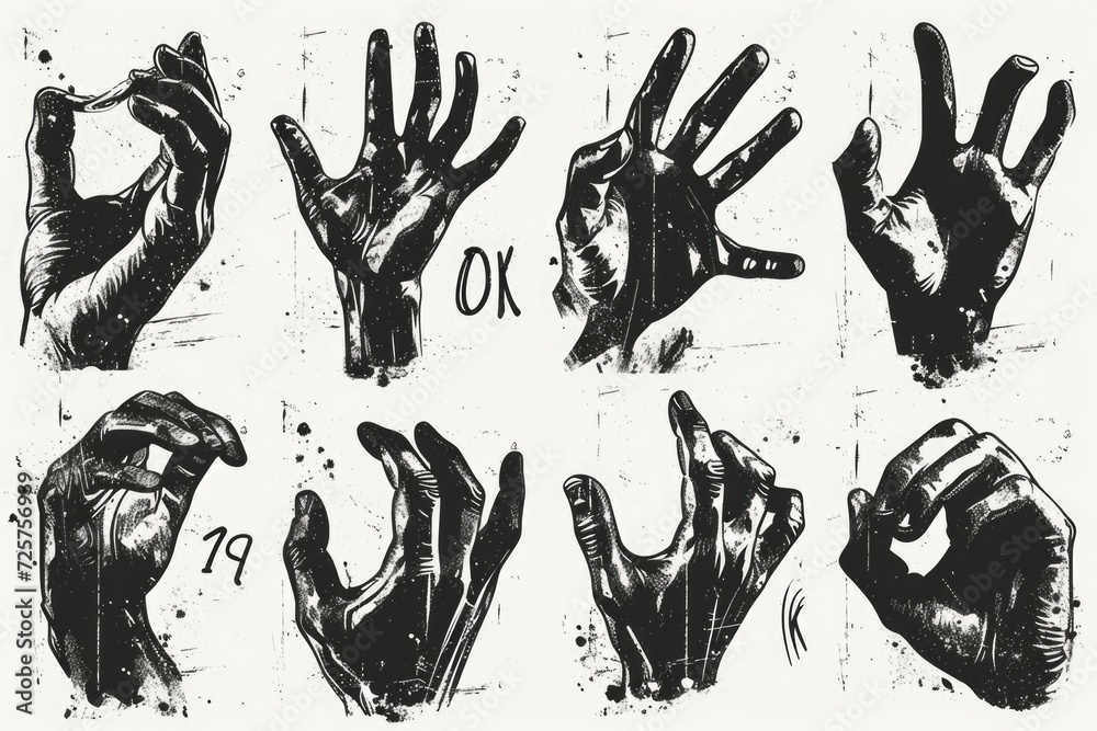 Poster a drawing depicting various hand gestures. can be used for communication, sign language, or illustra