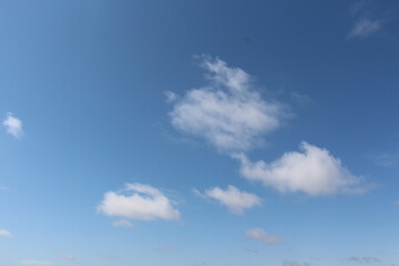 The view of a bright blue sky, with only a few clouds.