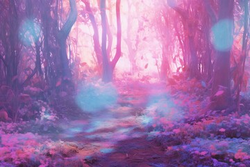 Fantasy forest with fog and sunbeams,  Colorful fantasy landscape