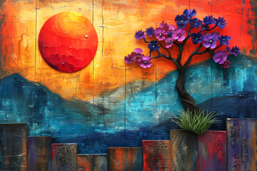 Radiant Sunset and Blossoming Tree Artwork.
Vivid painting of a blooming tree against a sunset backdrop.