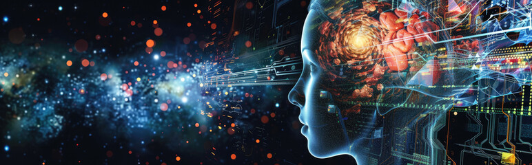 3D rendering of artificial intelligence concept with human head and media icons - obrazy, fototapety, plakaty