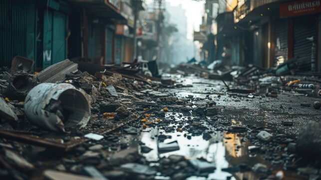 A city street covered in debris. Suitable for urban decay or post-apocalyptic themes
