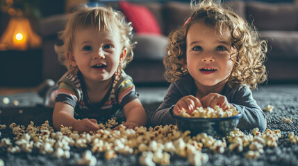 Young children are lying on their stomachs on a carpet, smiling and looking towards the camera, with a bowl of popcorn spilled in front of them.