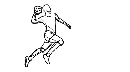 One continuous line drawing of young male professional volleyball player in action jumping spike on court.