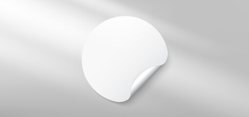 Empty round sticker background. White tag, paper round sticker with peeling corner. Circle adhesive label symbol. Realistic round paper adhesive sticker mockup with curved corn. Vector illustration
