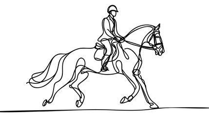 One continuous line drawing of young horse rider man in action. Equine run training at racing track.