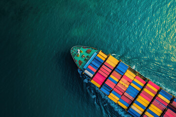 Fototapeta na wymiar Aerial View of Colorful Cargo Ship on Sparkling Blue Sea