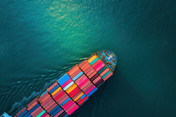 Aerial View of Colorful Cargo Ship on Sparkling Blue Sea - obrazy, fototapety, plakaty