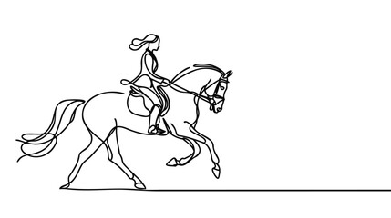 One continuous line drawing of young horse rider woman in action. Equine run training at racing track.