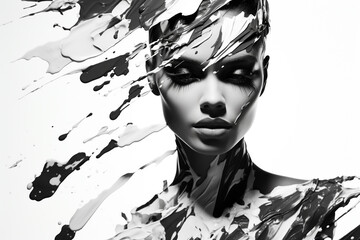 Fashion and make-up concept. Beautiful woman portrait with flying paint splashes over her face and head. Fine-art, pop-art, surreal and minimalist style. Black and white image