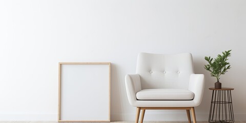 Empty blank picture frame on white wall in modern Scandinavian interior with chair.