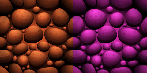 A background of stones of different shapes and sizes in shades of purple and brown. Smooth, shiny surface with light reflection. Stock vector illustration.