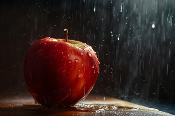 Frischer Apfel mit Wassertropfen vor dunklem Hintergrund