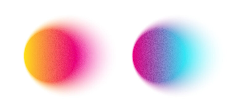 Gradient, gradation circle, grain noise texture abstract background. Watercolor gradient blend mesh of neon iridescent gradation. Blur shapes, abstract grain noise. Vector illustration