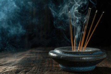 Incense sticks in a bowl emitting smoke. Suitable for relaxation and meditation purposes