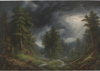 Storm and rain in the green forest
