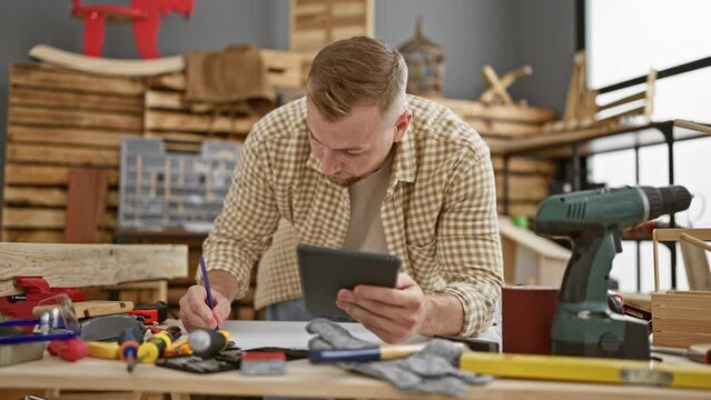 Bearded carpenter with tablet plans work in a woodshop surrounded by tools and lumber.