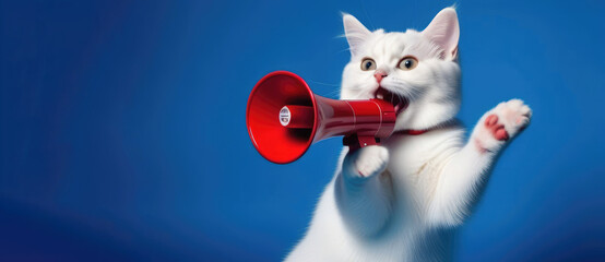 Cute white cat holding red loudspeaker and shouting on blue background. Creative advertising and business concept. Copy space