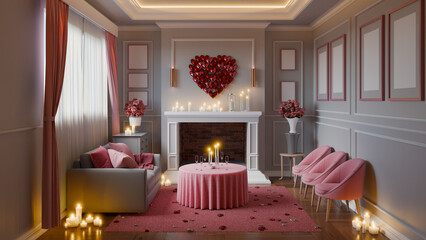 A 3D-rendered romantic setting with a candlelit table, plush pink chairs, a heart-shaped wall arrangement above a brick fireplace, surrounded by scattered rose petals and warm lighting.