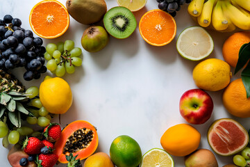 Fruits on a white background in the center place for text