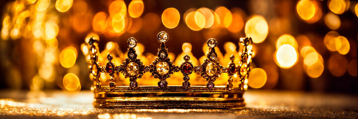 golden beautiful crown on a shiny background. Selective focus.