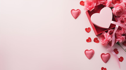 Walentynki 14 lutego - romantyczne minimalistyczne tło na życzenia. Mockup, szablon z prezentem, sercem i dekoracjami dla zakochanych. Symbol wyznana uczuć miłości. Kwiaty dla zakochanej kobiety - obrazy, fototapety, plakaty