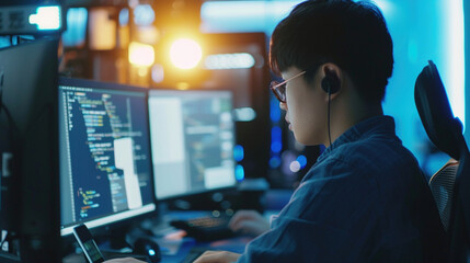 Young asian male software developer working intently on a coding project using dual monitors in a modern office. - obrazy, fototapety, plakaty