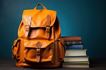 Full school backpack with books on blue background with copy space. Back to School concept