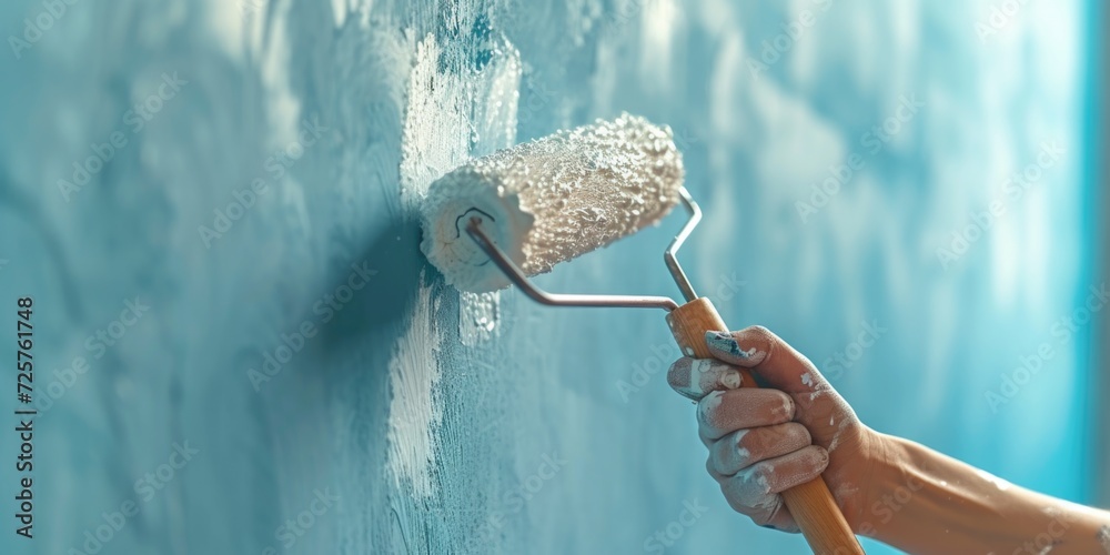 Poster a person using a paint roller to paint a wall. this image can be used for home improvement or renova