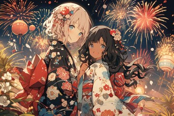 anime girls, Chinese holiday, fireworks