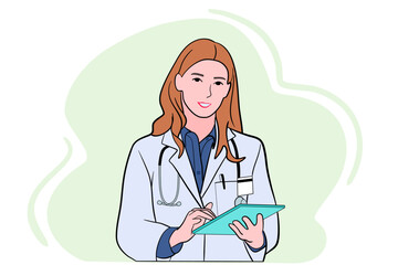 Female caucasian doctor in white medical uniform fill patient medical history or anamnesis on tablet in hospital, woman GP or physician consult client online on pad in modern clinic, healthcare concep - obrazy, fototapety, plakaty