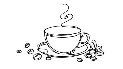 Single continuous line drawing of a cup of coffee drink with coffee beans on ceramic coaster and table.