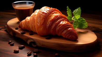croissant and coffee on a wooden board with coffee beans and mint leaves, food, restaurant, baking, kitchen
