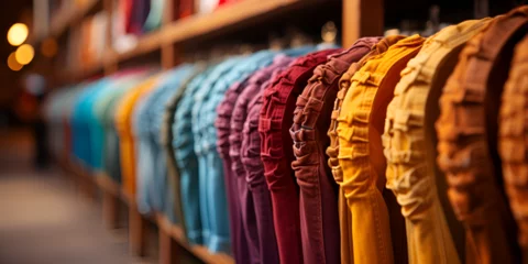 Fotobehang Row of fashionable women A variety of vibrant shirts Clothing on hangers  in a shop or store on wooden hanger or rack in a clothing boutique retail shop concept  apparel background. © abuhurarah
