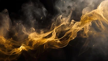 Poster golden smoke floating over black background, screen effect, overlay, texture. © RIZKI MAULANA