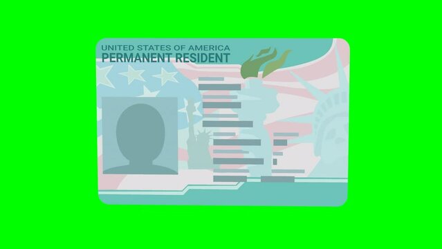 Appearance of a green card, permanent resident card in the United States, from left to right on a green background, with transparency, alpha channel with mask in flat design style